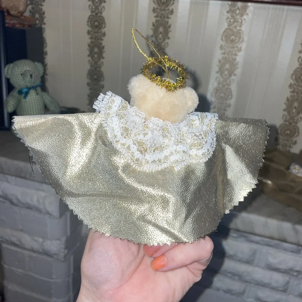 Set Of 5 Handmade Crafted Gold Angel Halo Plush Bears White Lace Collar Ornament